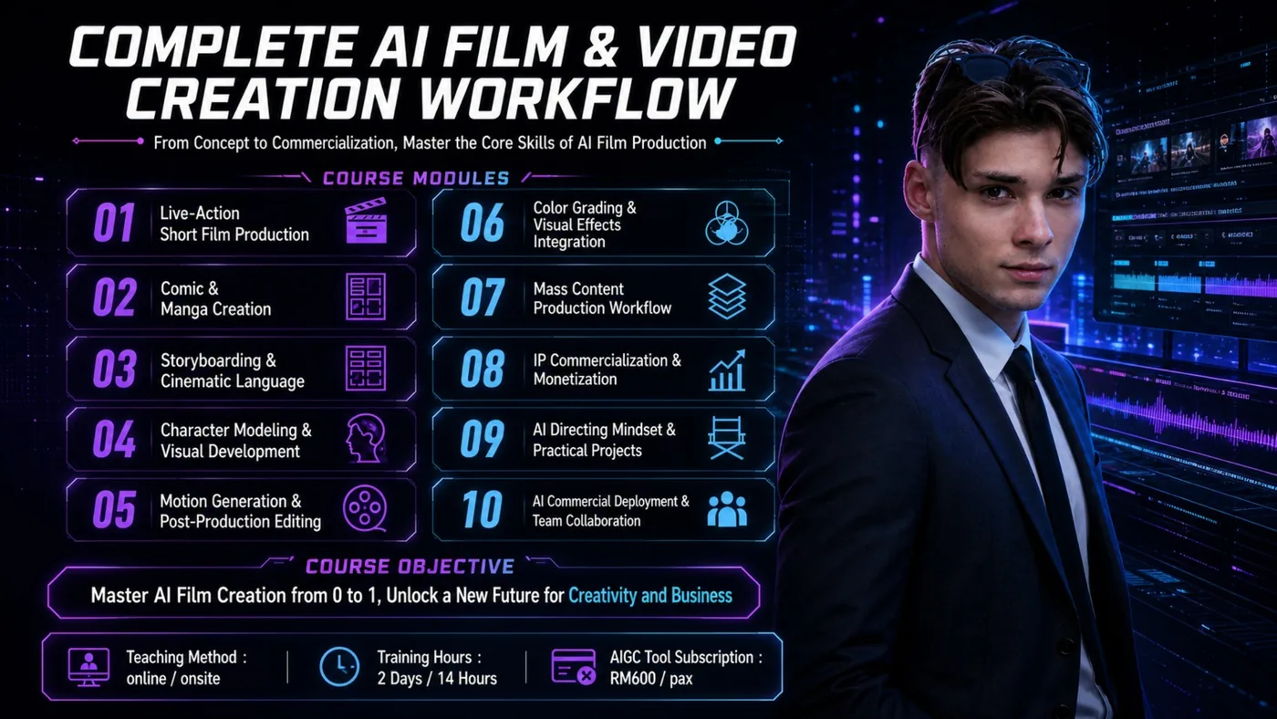 Complete AI Film & Video Creation Workflow course poster — modules, learning outcomes and training hours