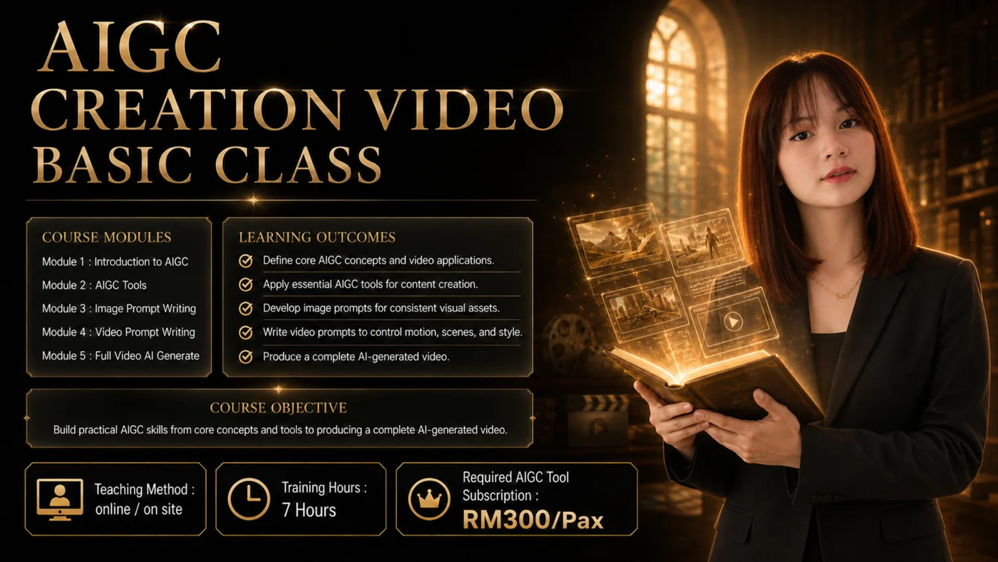 AIGC Creation Video (Basic) course poster — modules, learning outcomes and training hours